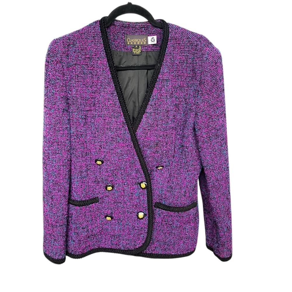 Classiques Entier Purple Tweed Blazer Gold Buttons Black Trim Size 2 Reg